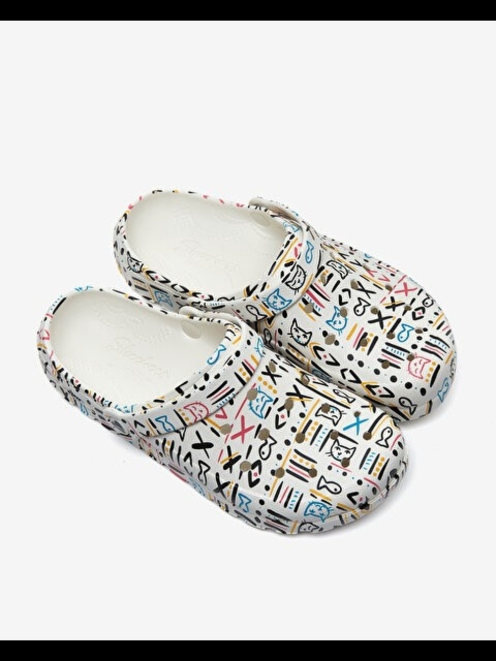 Skechers White Graphic Slip-On Sandal Clogs with Multicolor Doodle Print